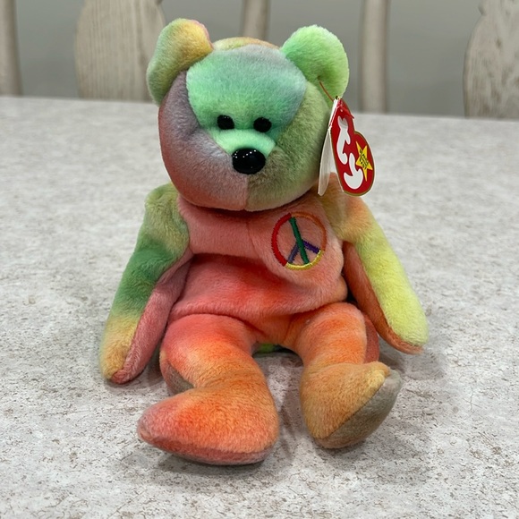 VINTAGE TY BEANIE BABY “PEACE” TYE-DYE BEAR 2/1996 HARD TO FIND BEANIE WITH TAGS - Picture 1 of 8